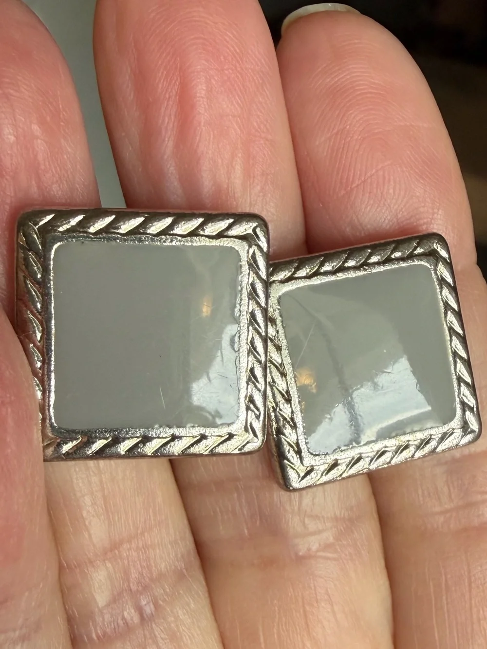 Men’s Silver Tone Cufflinks Square Rope Design Light Gray Inlay Classic Formal